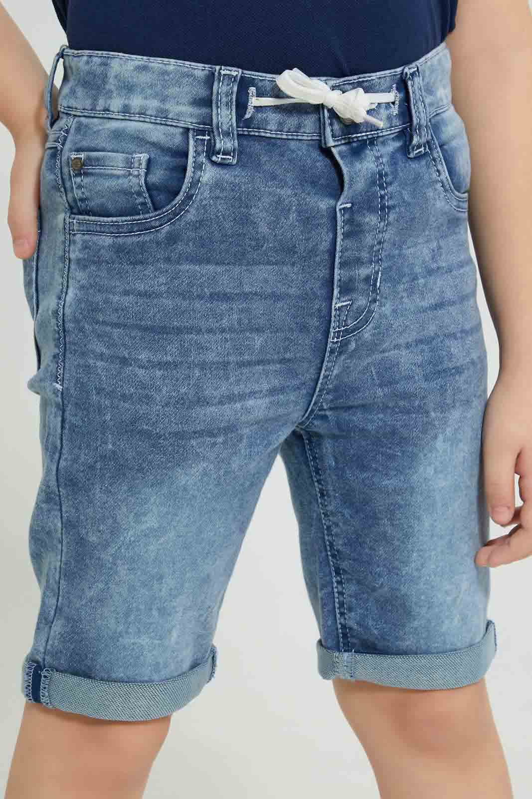Redtag-Ligh-Wash-Knit-Denim-5-Pocket-Short-With-Cord-Denim-Shorts-Boys-2 to 8 Years