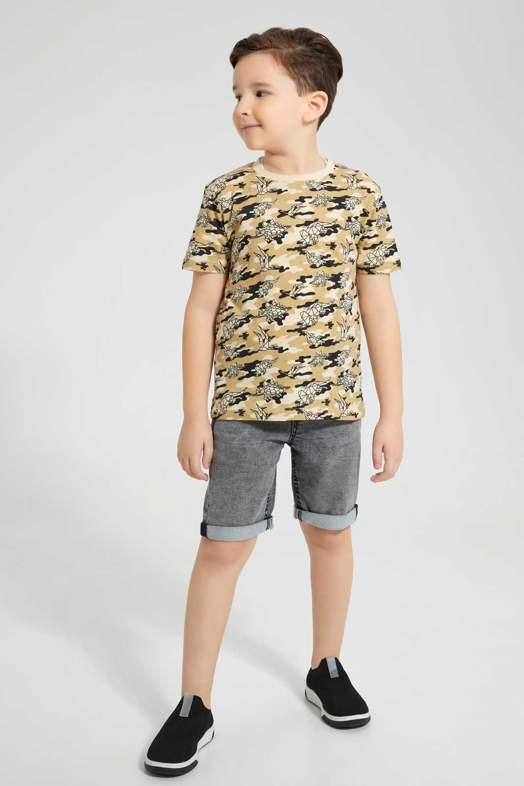 Redtag-Black-Knit-Denim-5-Pocket-Short-With-Cord-Denim-Shorts-Boys-2 to 8 Years