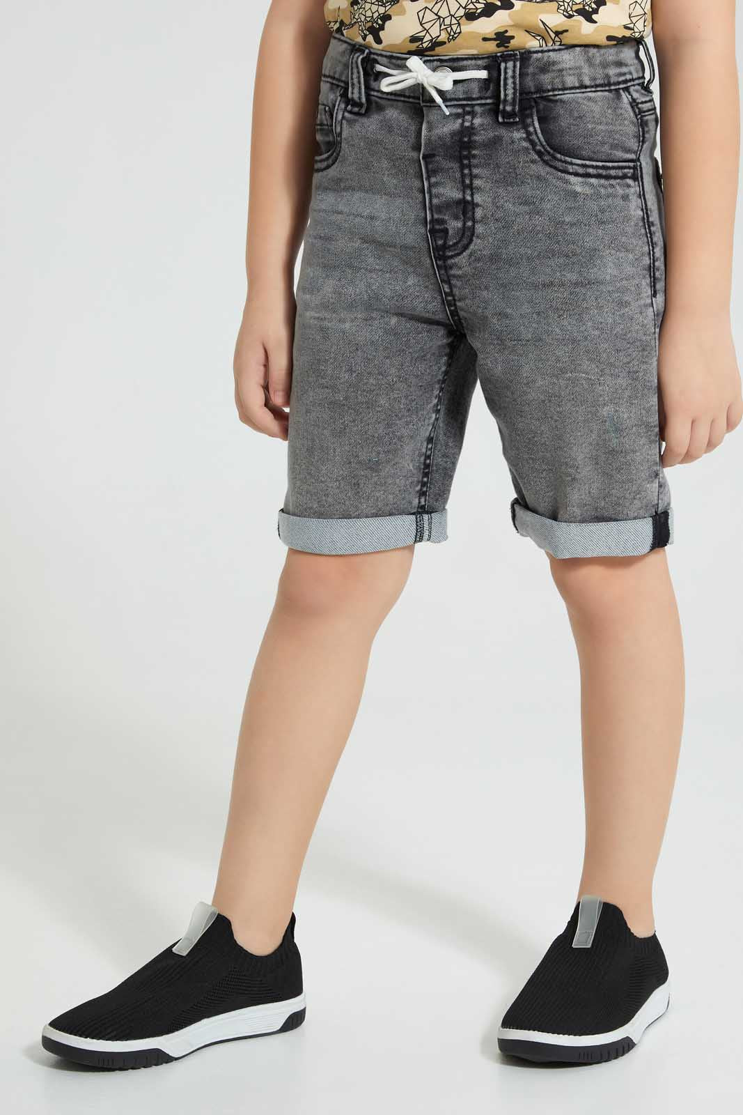 Redtag-Black-Knit-Denim-5-Pocket-Short-With-Cord-Denim-Shorts-Boys-2 to 8 Years