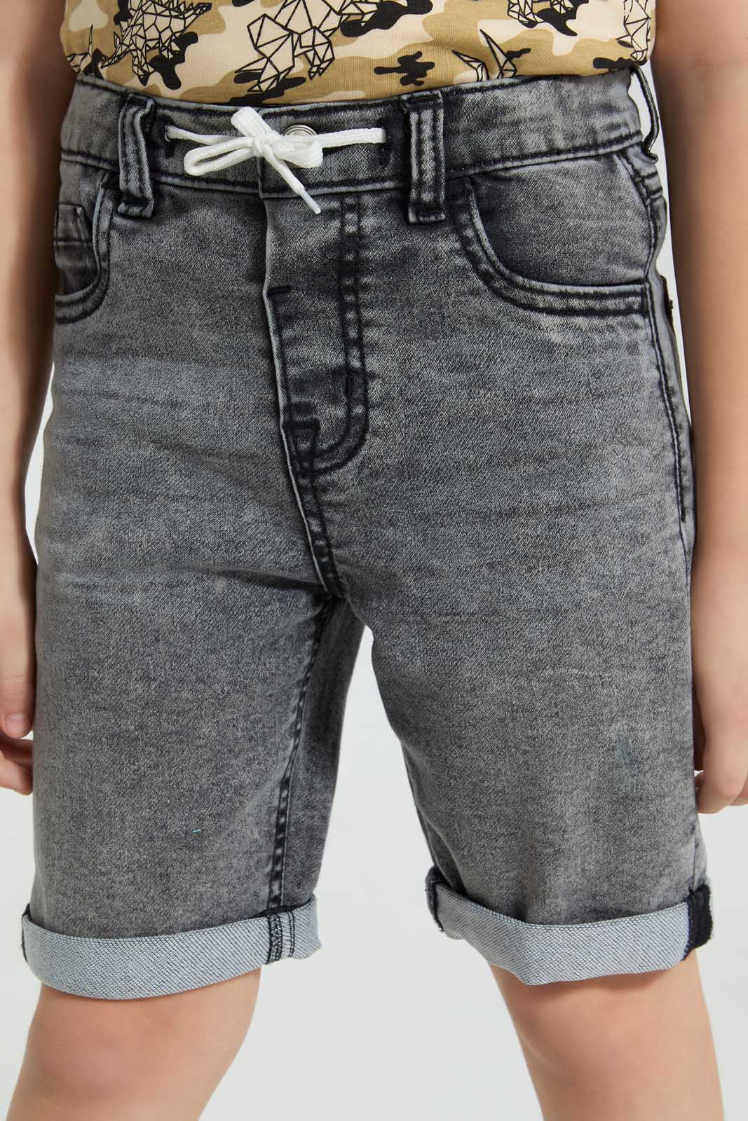 Redtag-Black-Knit-Denim-5-Pocket-Short-With-Cord-Denim-Shorts-Boys-2 to 8 Years