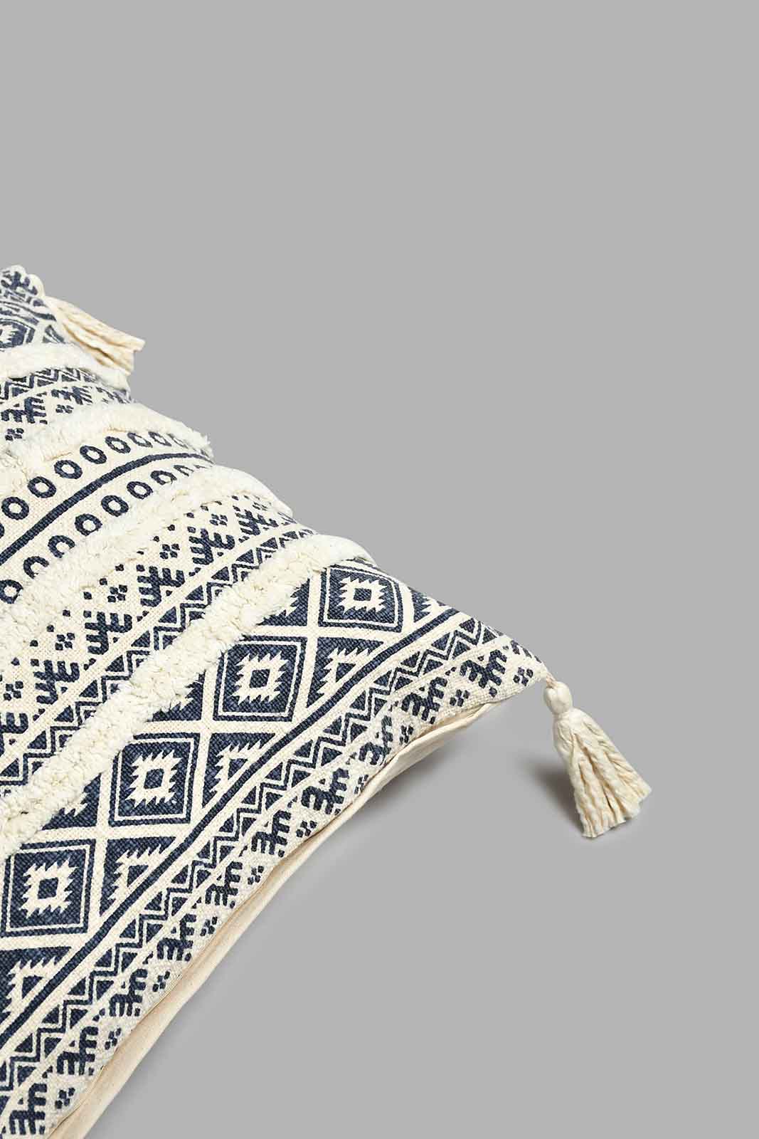Redtag-Beige/Blue-Textured-Tufted-Cushion-With-Fringes-BED-PHANTASMAGORIA-2,-Colour:Blue,-Filter:Home-Bedroom,-HMW-BED-Cushions,-New-In,-New-In-HMW-BED,-Non-Sale,-S22A,-Section:Homewares-Home-Bedroom-