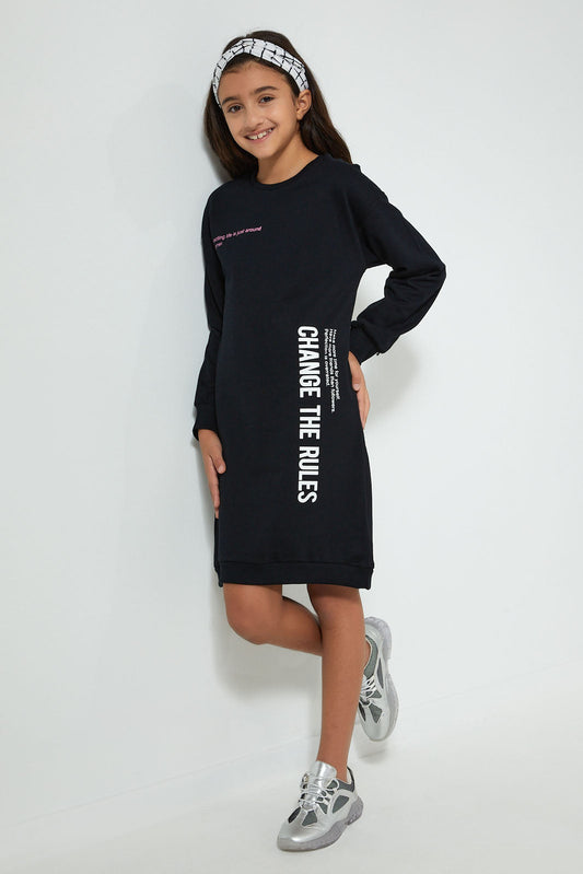 Redtag-Black-Slogan-Sweatshirt-Dress-Dresses-Senior-Girls-9 to 14 Years