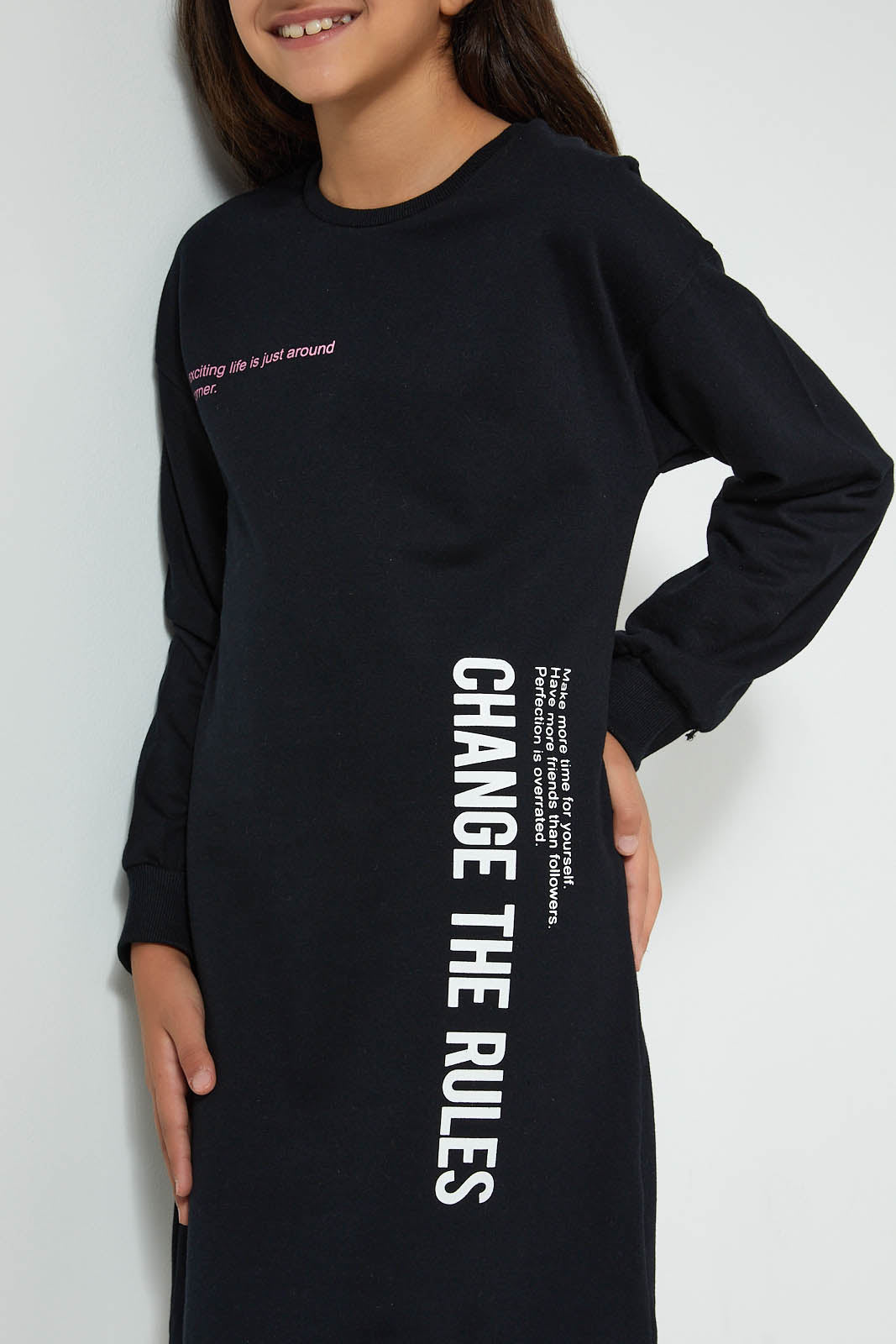 Redtag-Black-Slogan-Sweatshirt-Dress-Dresses-Senior-Girls-9 to 14 Years
