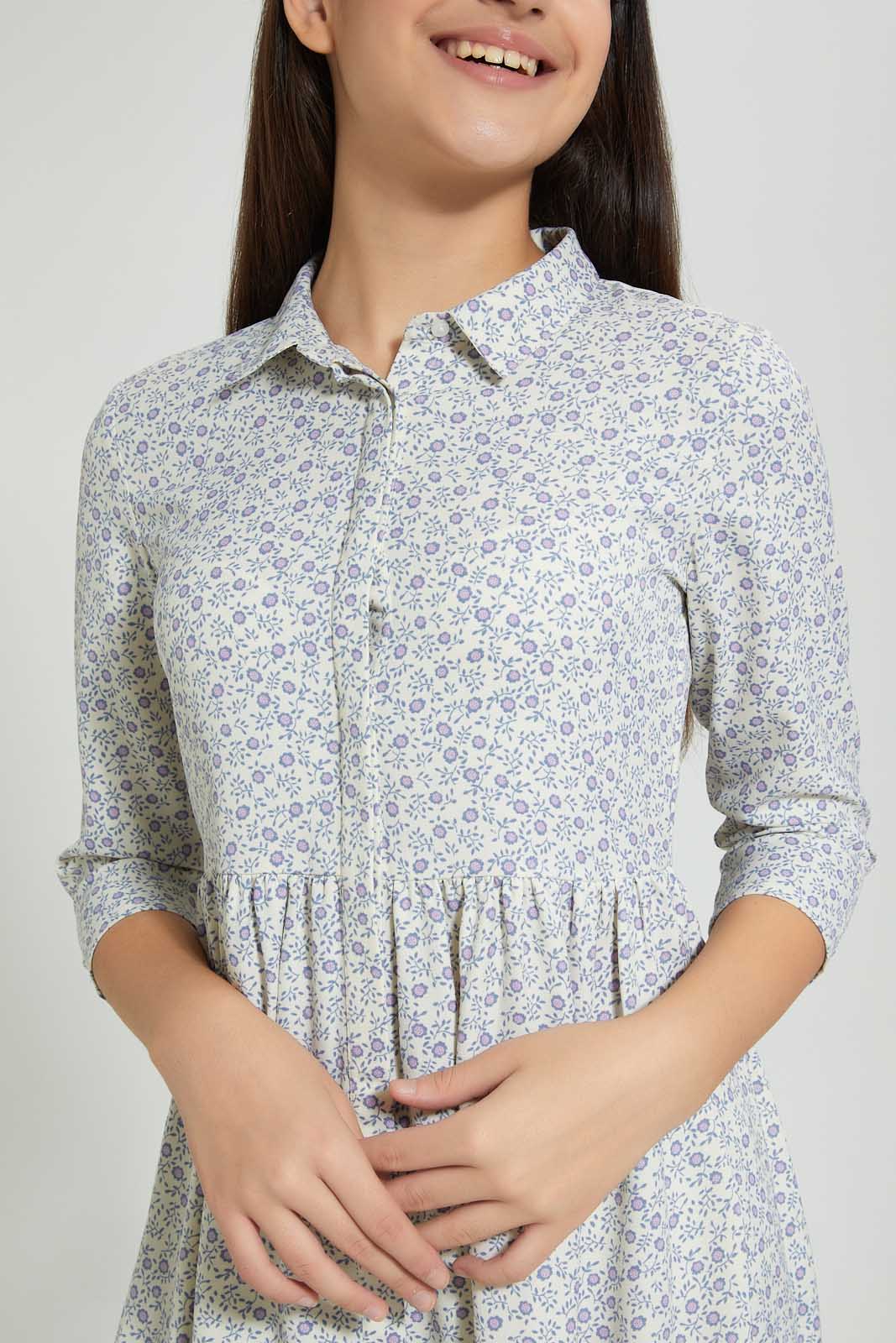 Redtag-White/Purple-Ditsy-Print-Shirt-Dress-Dresses-Senior-Girls-9 to 14 Years