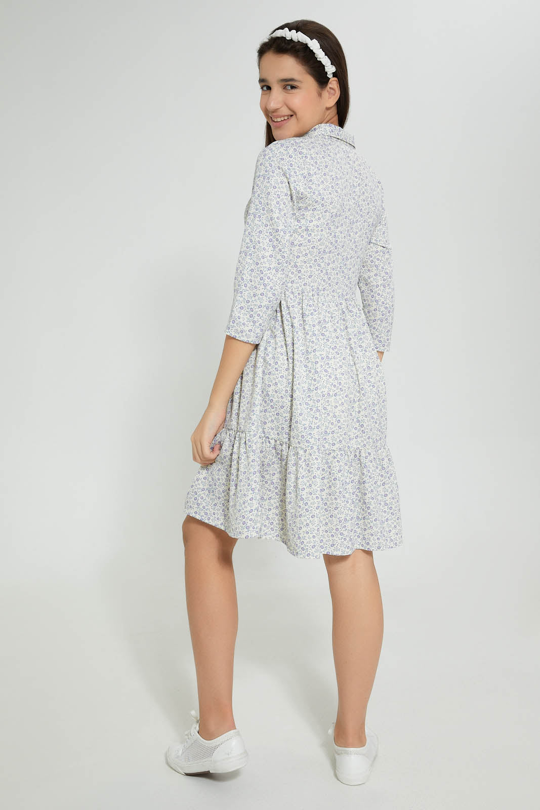 Redtag-White/Purple-Ditsy-Print-Shirt-Dress-Dresses-Senior-Girls-9 to 14 Years