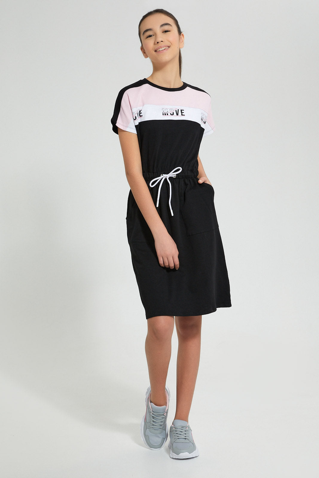 Redtag-Black/White/Pink-Sporty-Colorblocking-Knitted-Dress-Dresses-Senior-Girls-9 to 14 Years
