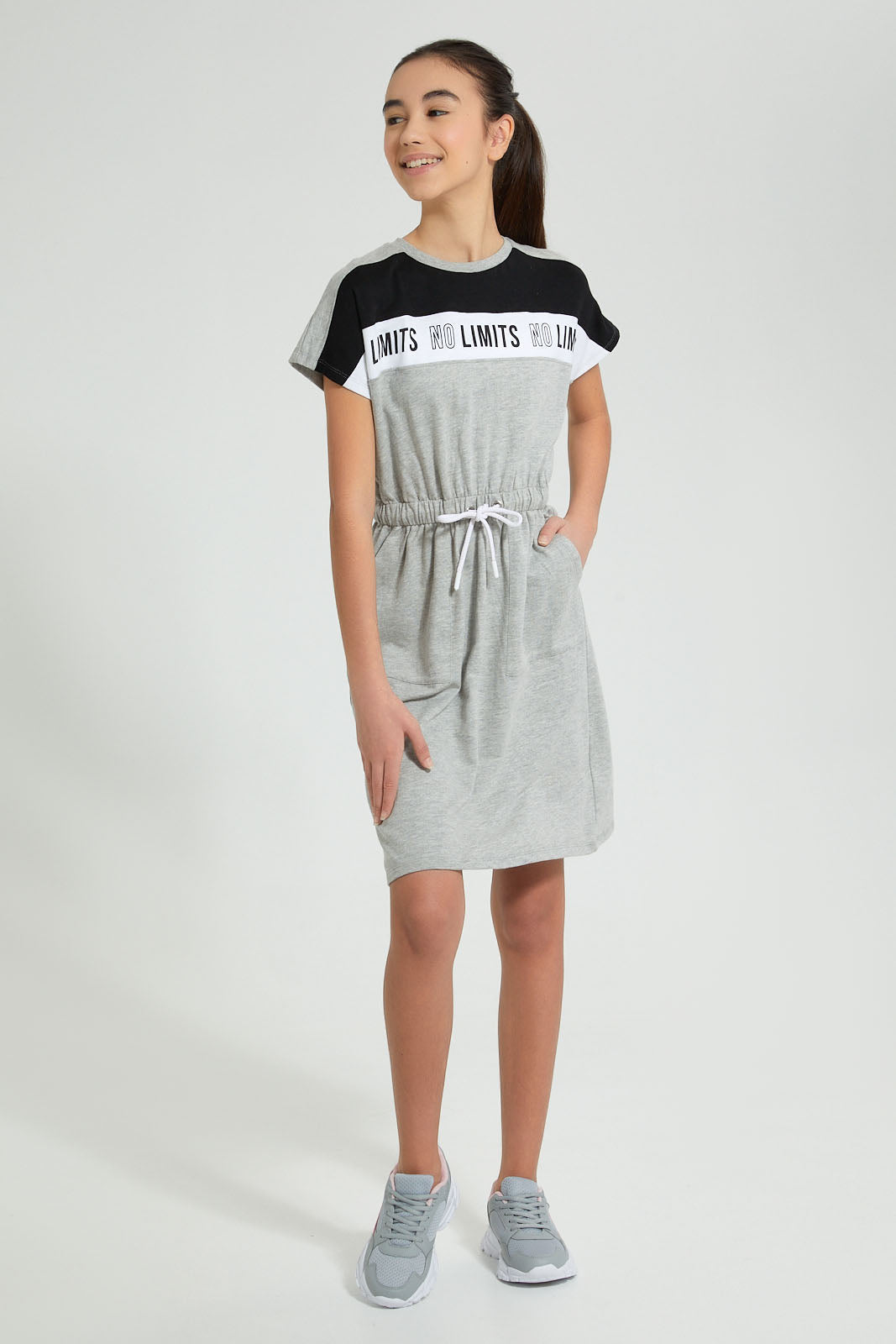 Redtag-Grey/White/Black-Sporty-Colorblocking-Knitted-Dress-Dresses-Senior-Girls-9 to 14 Years