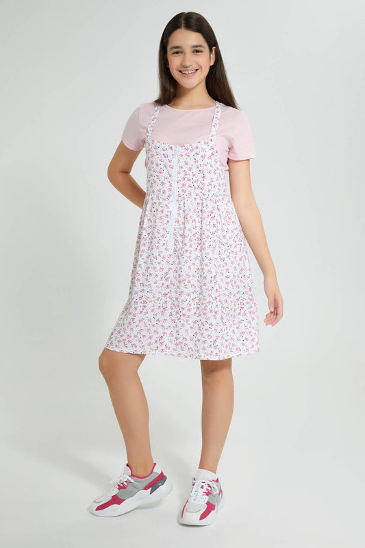 Redtag-Pink-Floral-Ditsy-Print-Dungarees-Dresses-Senior-Girls-9 to 14 Years