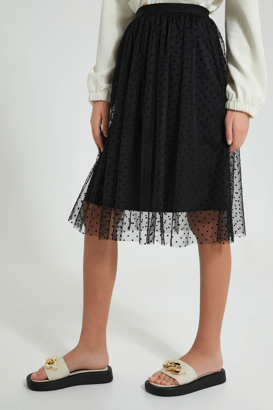 Redtag-Black-Tulle-Skirt-With-Flock-Skirts-Senior-Girls-9 to 14 Years