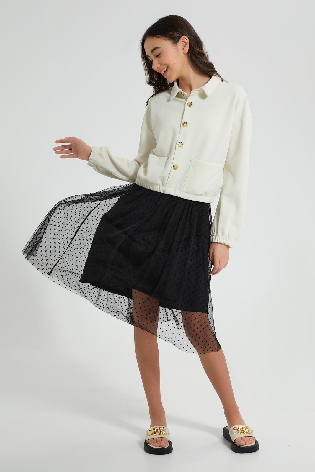 Redtag-Black-Tulle-Skirt-With-Flock-Skirts-Senior-Girls-9 to 14 Years