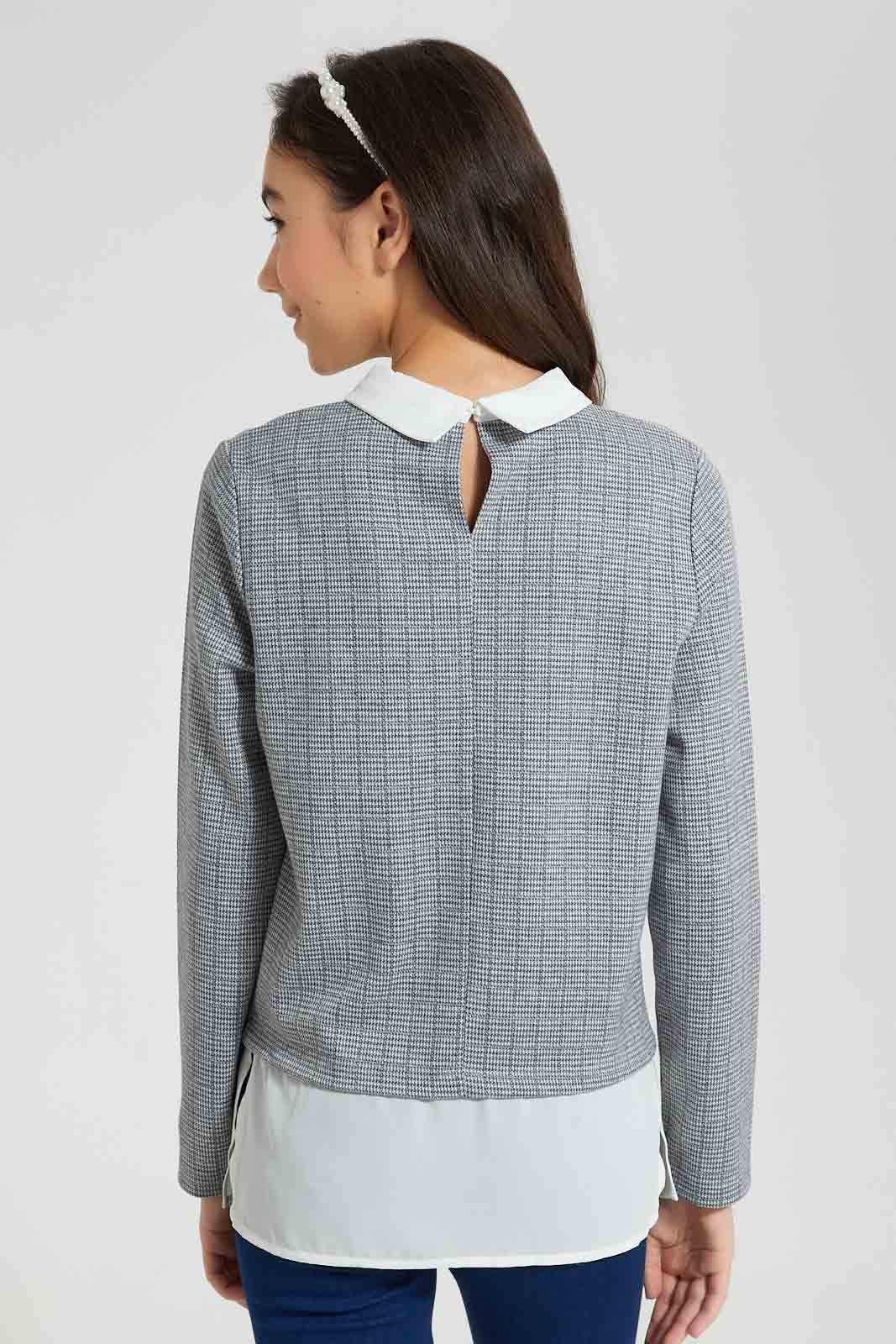 Redtag-Grey-Collared-Embroideredellished-Jacquard-Mock-Shirt-Blouses-Senior-Girls-9 to 14 Years