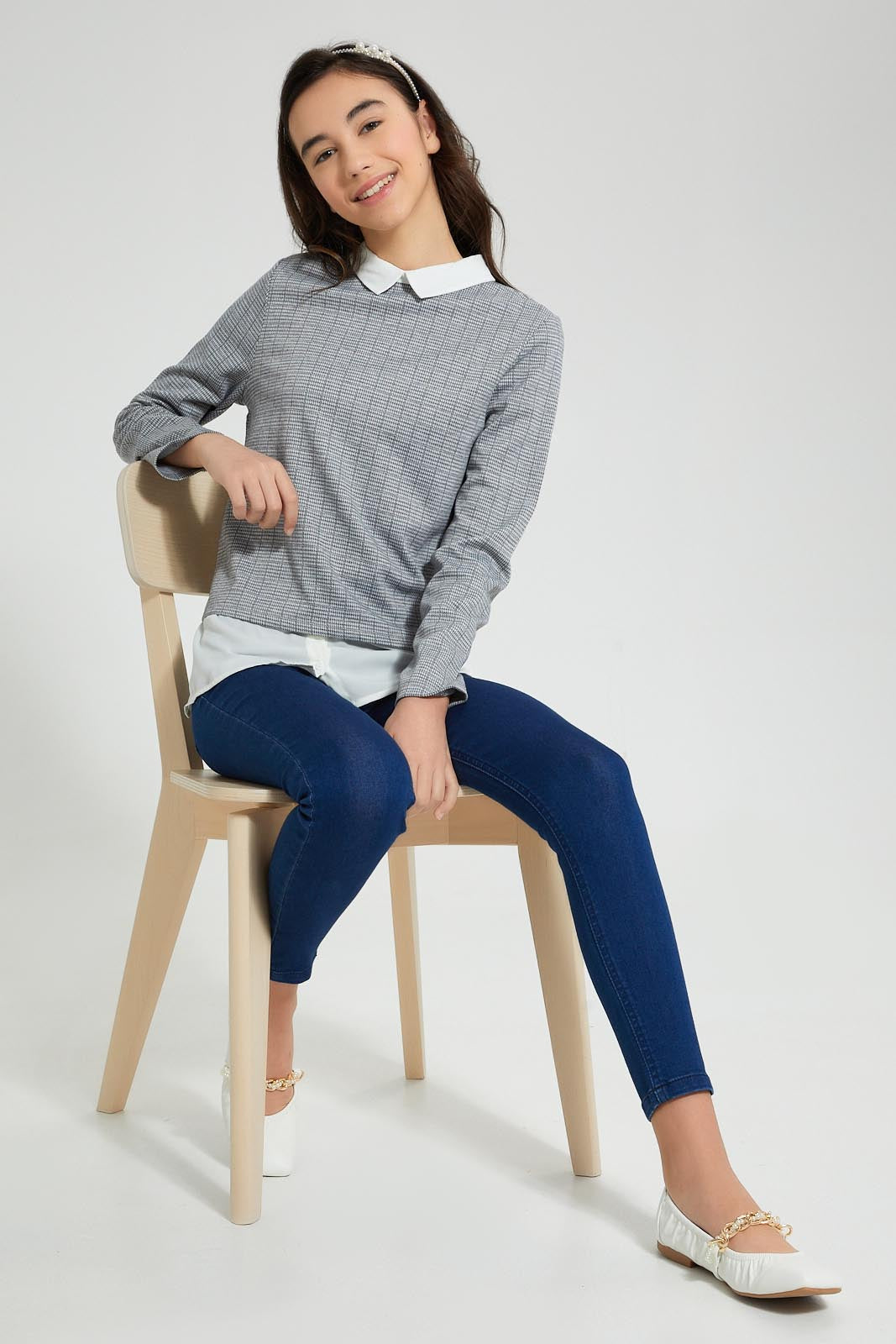 Redtag-Grey-Collared-Embroideredellished-Jacquard-Mock-Shirt-Blouses-Senior-Girls-9 to 14 Years