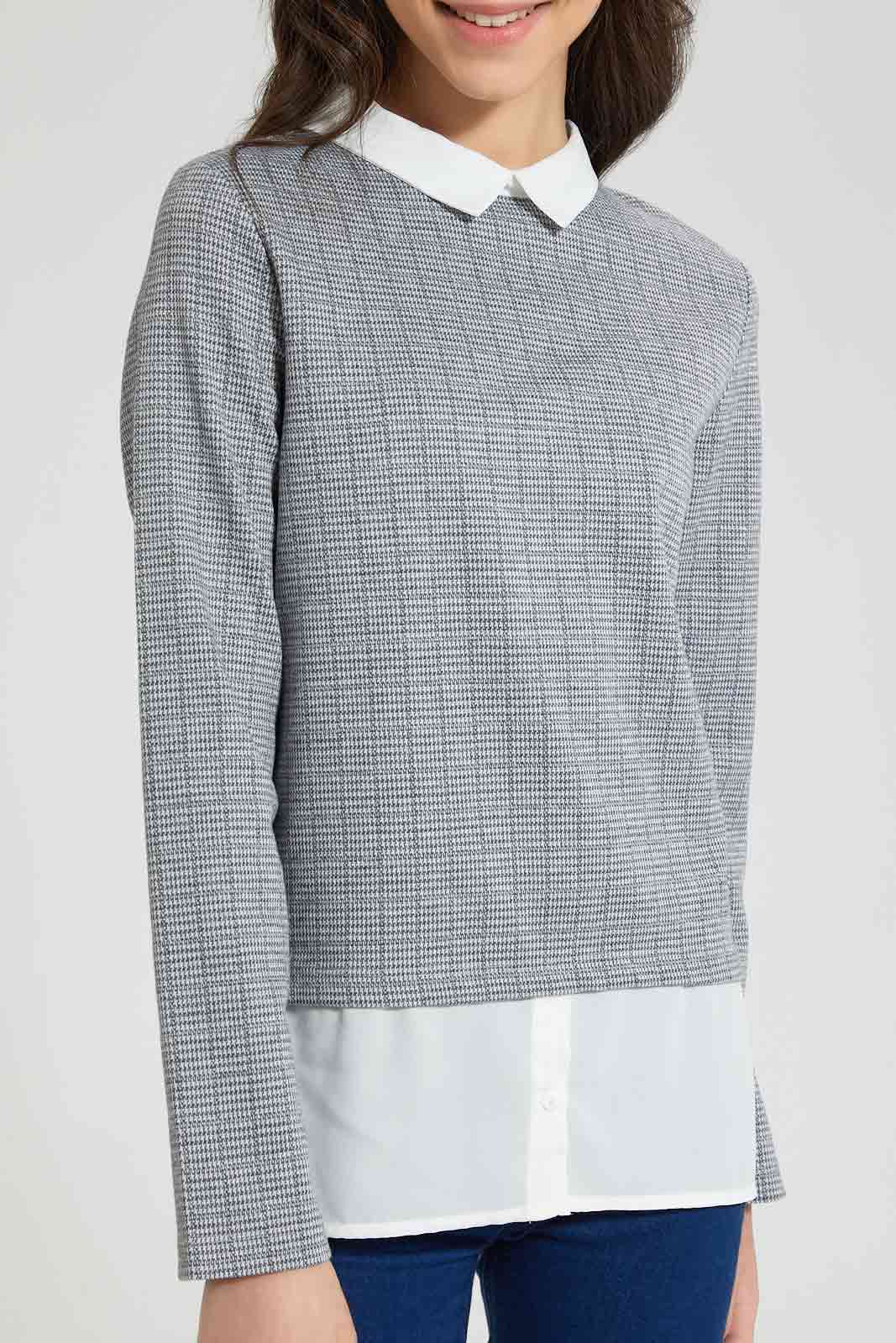 Redtag-Grey-Collared-Embroideredellished-Jacquard-Mock-Shirt-Blouses-Senior-Girls-9 to 14 Years