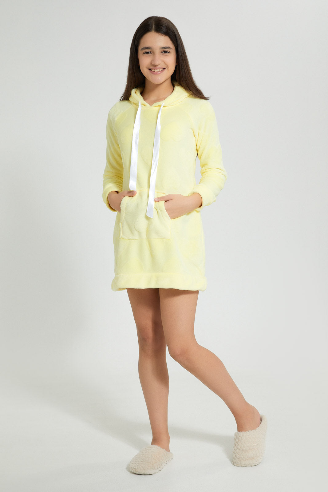Redtag-Yellow-Heart-Microfleece-Hooded-Night-Dress-Nightshirts-Senior-Girls-9 to 14 Years