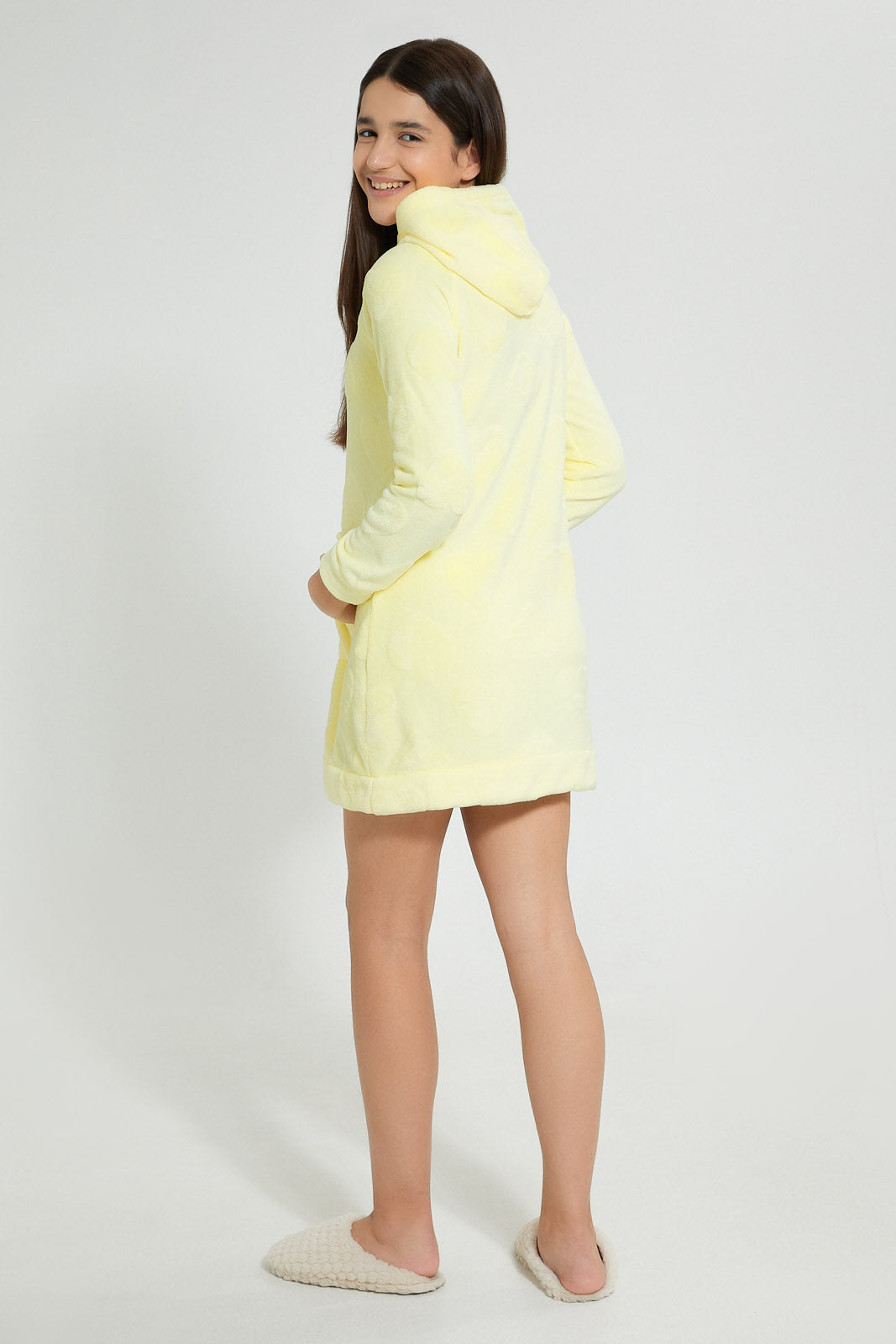 Redtag-Yellow-Heart-Microfleece-Hooded-Night-Dress-Nightshirts-Senior-Girls-9 to 14 Years