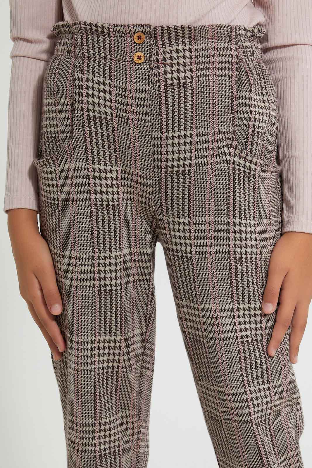 Redtag-Beige/Pink-Plaid-Trouser-Cargo-Pants-Senior-Girls-9 to 14 Years
