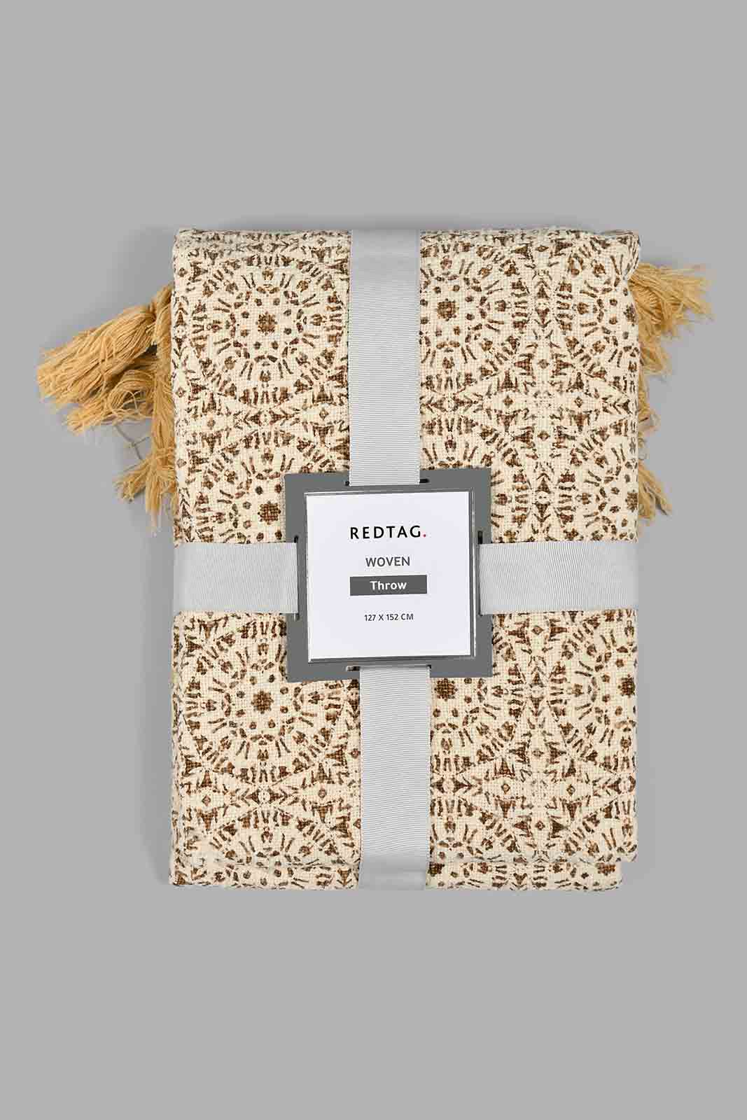 Redtag-Natural/Beige-Geometric-Print-Throw-With-Fringes-Throws-Home-Bedroom-