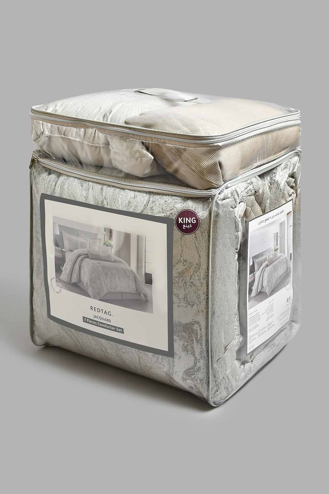 Beige And Grey Metallic Jacquard 7-Piece Comforter Set (King Size)