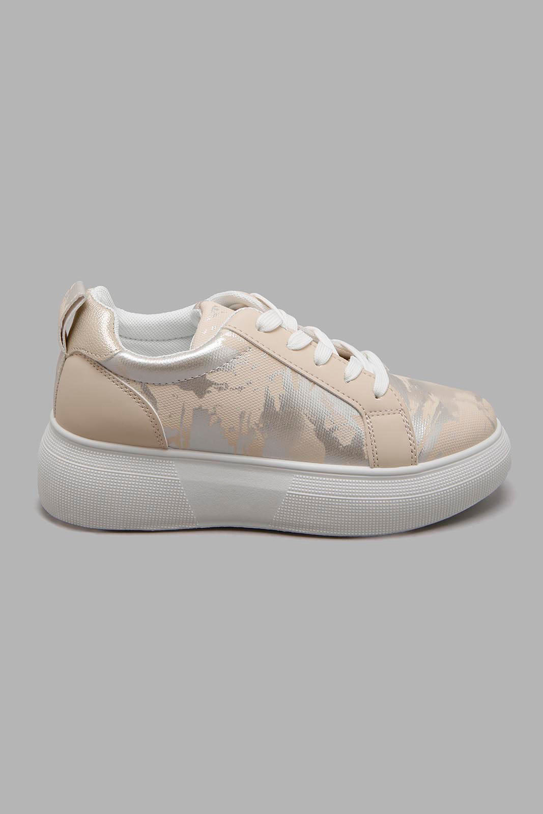 Redtag-Beige-With-Silver-Printed-Pattern-Lace-Up-Sneaker-Sneakers-Women's-