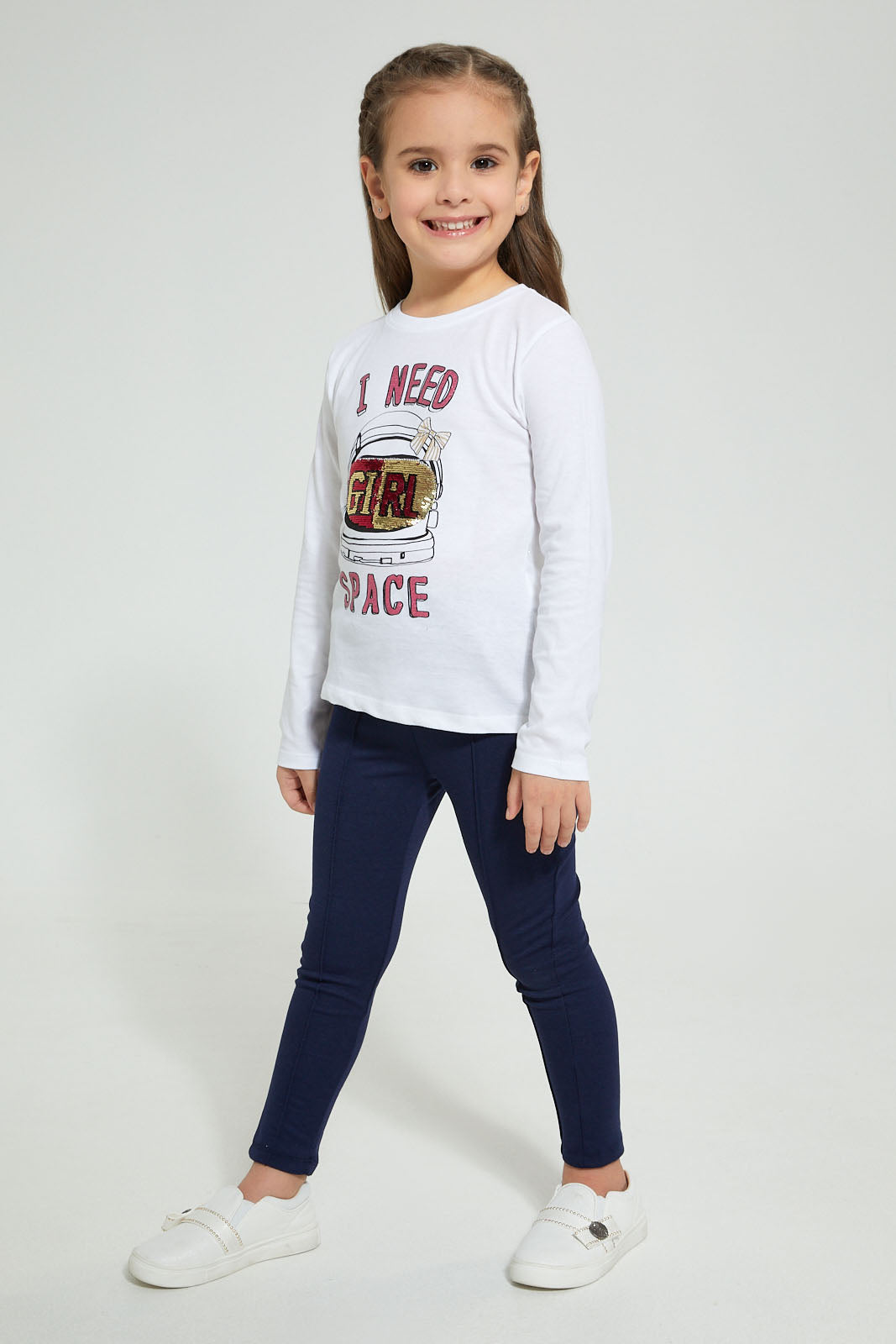 Redtag-White-Sequined-Helmet-T-Shirt-Long-Sleeves-Girls-2 to 8 Years
