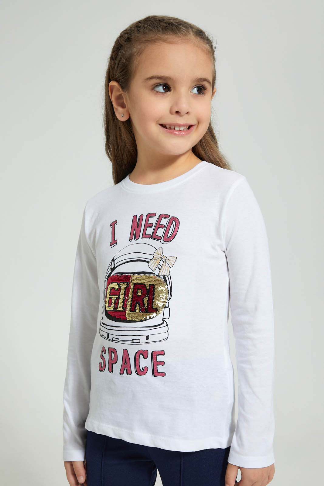 Redtag-White-Sequined-Helmet-T-Shirt-Long-Sleeves-Girls-2 to 8 Years