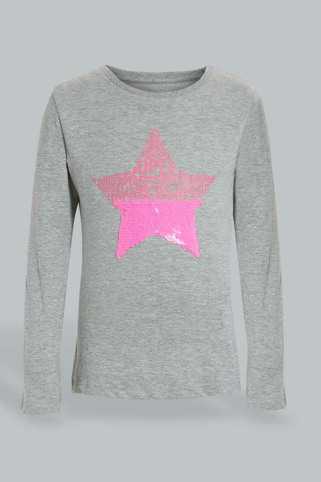 Redtag-Grey-Sequined-Star-T-Shirt-Long-Sleeves-Girls-2 to 8 Years