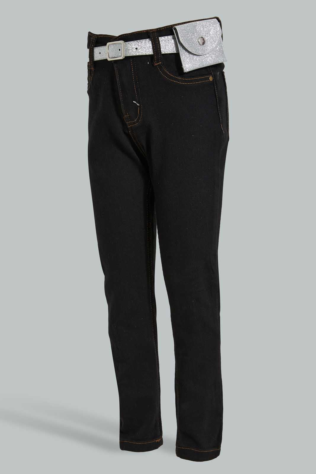 Redtag-Black-Jean-With-Pouch-&-Belt-Jeans-Girls-2 to 8 Years