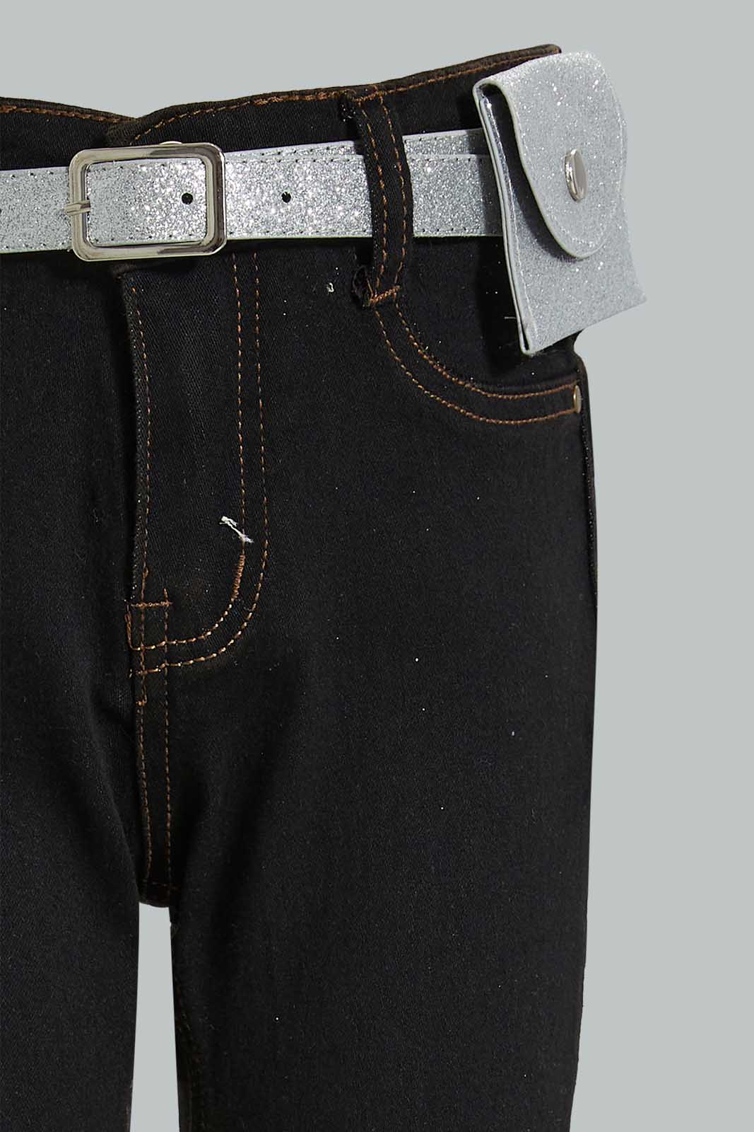 Redtag-Black-Jean-With-Pouch-&-Belt-Jeans-Girls-2 to 8 Years
