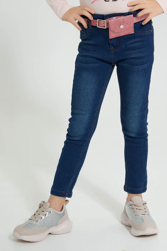 Redtag-Blue-Jean-With-Pouch-&-Belt-Colour:Darkwash,-Filter:Girls-(2-to-8-Yrs),-Girls-Jeans,-New-In,-New-In-GIR,-Non-Sale,-S22A,-Section:Kidswear,-TBL-Girls-2 to 8 Years