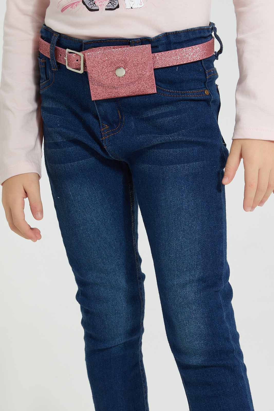 Redtag-Blue-Jean-With-Pouch-&-Belt-Colour:Darkwash,-Filter:Girls-(2-to-8-Yrs),-Girls-Jeans,-New-In,-New-In-GIR,-Non-Sale,-S22A,-Section:Kidswear,-TBL-Girls-2 to 8 Years