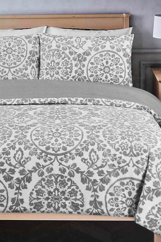 Grey Floral Reversible 3-Piece Duvet Cover Set (King Size)