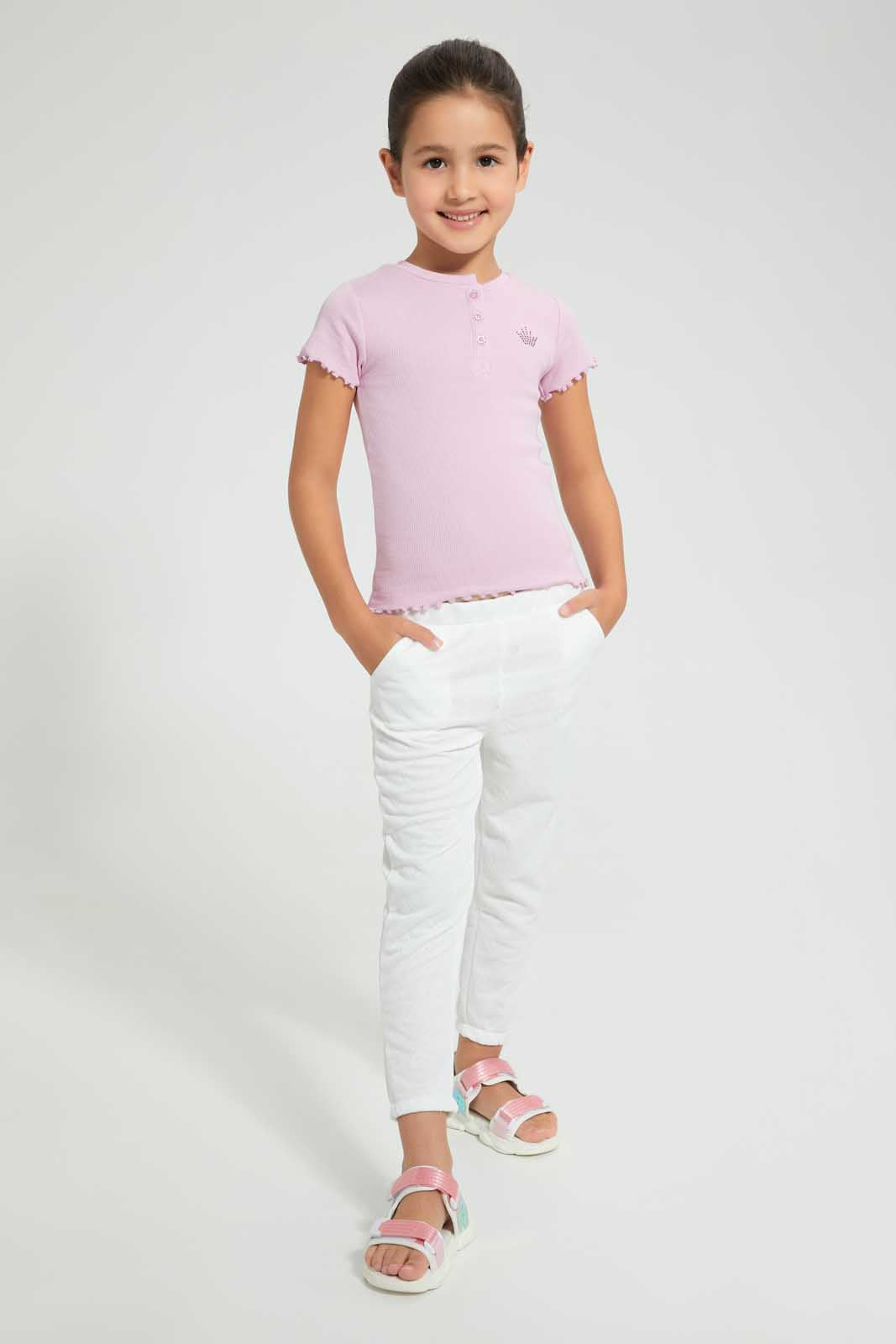 Redtag-Cream-Geometric-Jacquard-Track-Joggers-Girls-2 to 8 Years