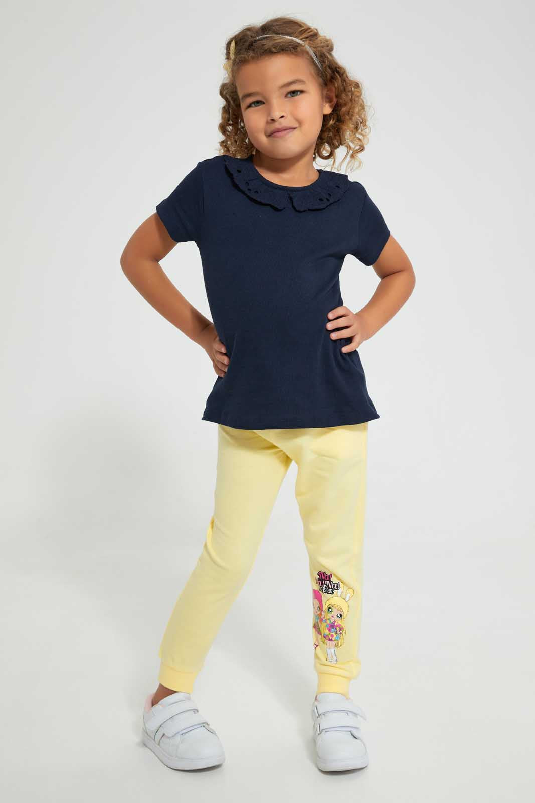 Redtag-Navy-Embroidered-Collar-Tee-Plain-Girls-2 to 8 Years