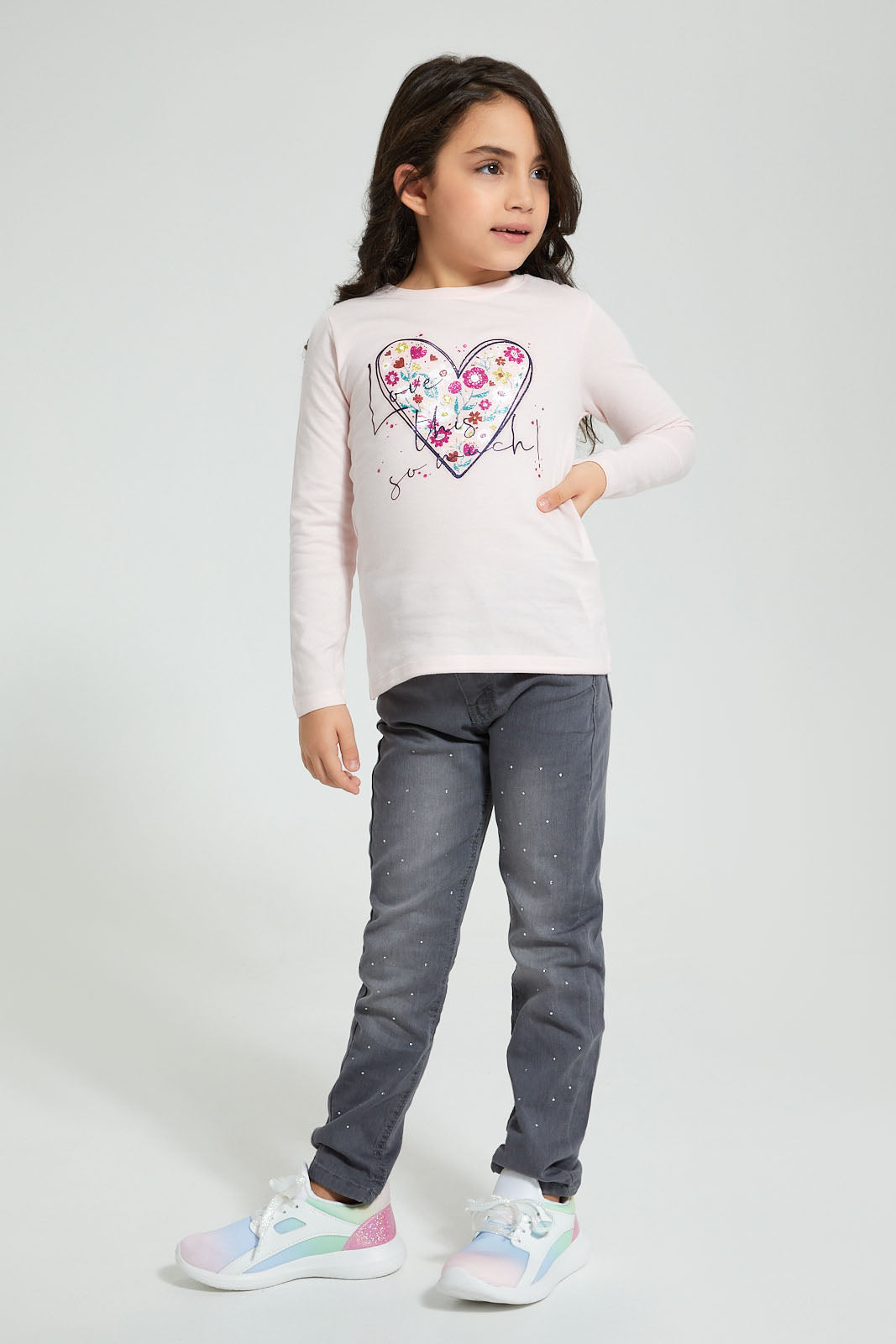 Redtag-Pink-Heart-Print-T-Shirt-Graphic-Prints-Girls-2 to 8 Years