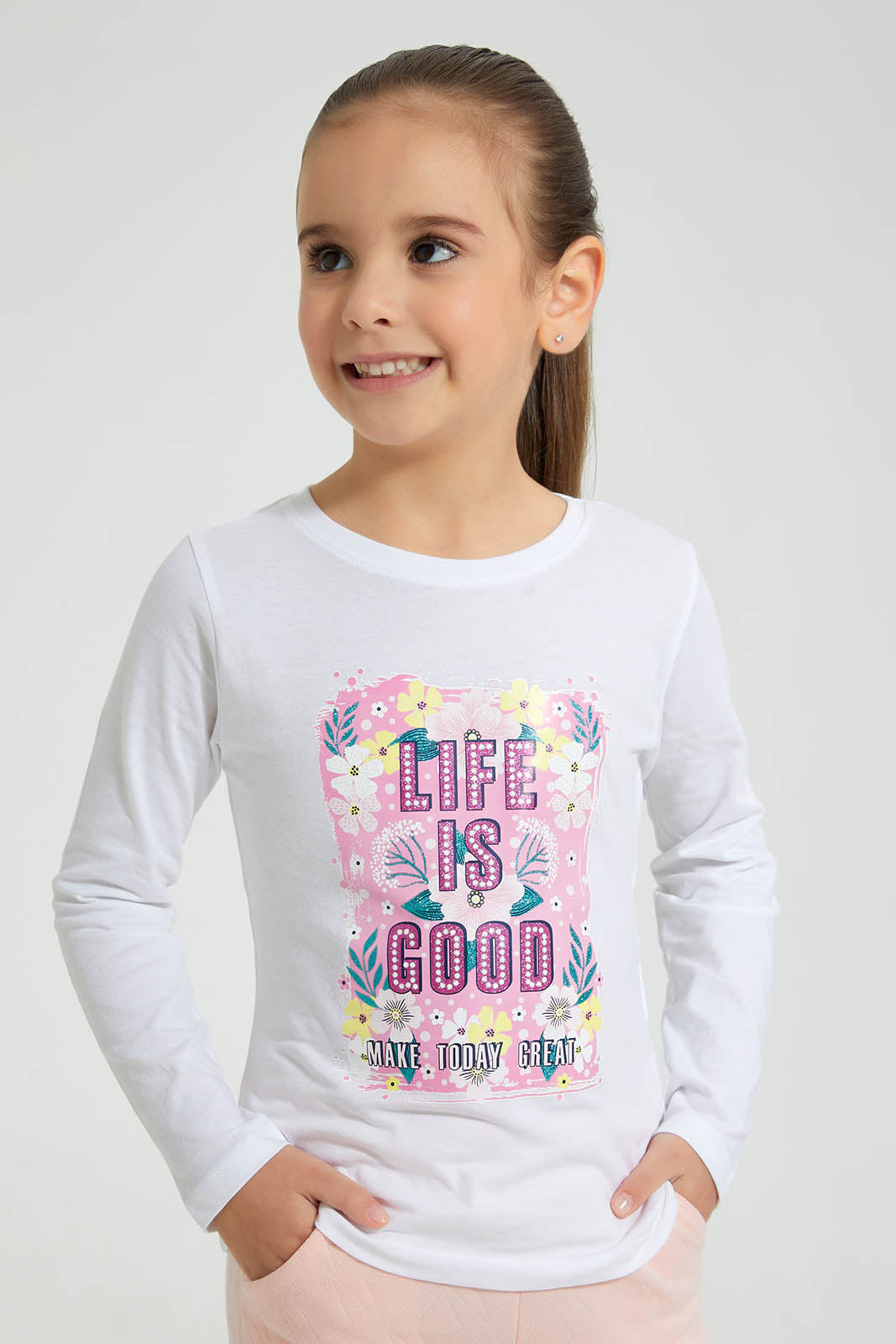 Redtag-White-Slogan-Print-T-Shirt-Colour:White,-Filter:Girls-(2-to-8-Yrs),-Girls-T-Shirts,-New-In,-New-In-GIR,-Non-Sale,-S22A,-Section:Kidswear,-TBL-Girls-2 to 8 Years