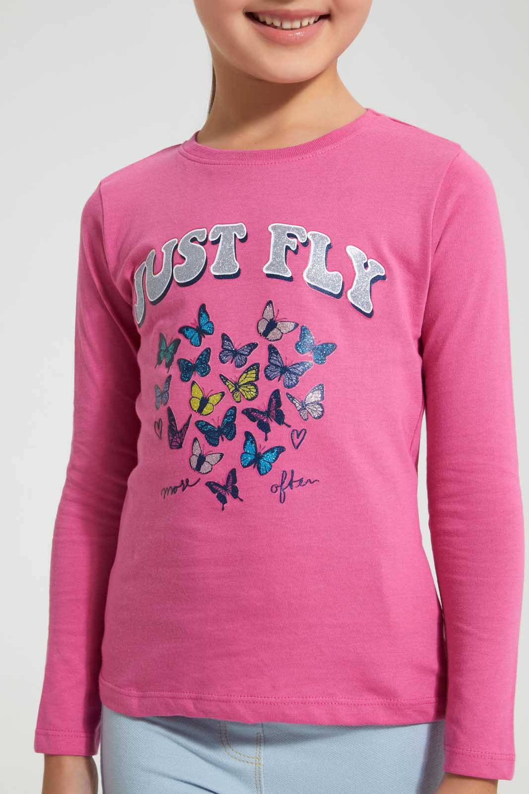 Redtag-Fuchsia-Butterfly-Print-Tee-Blouses-Girls-2 to 8 Years