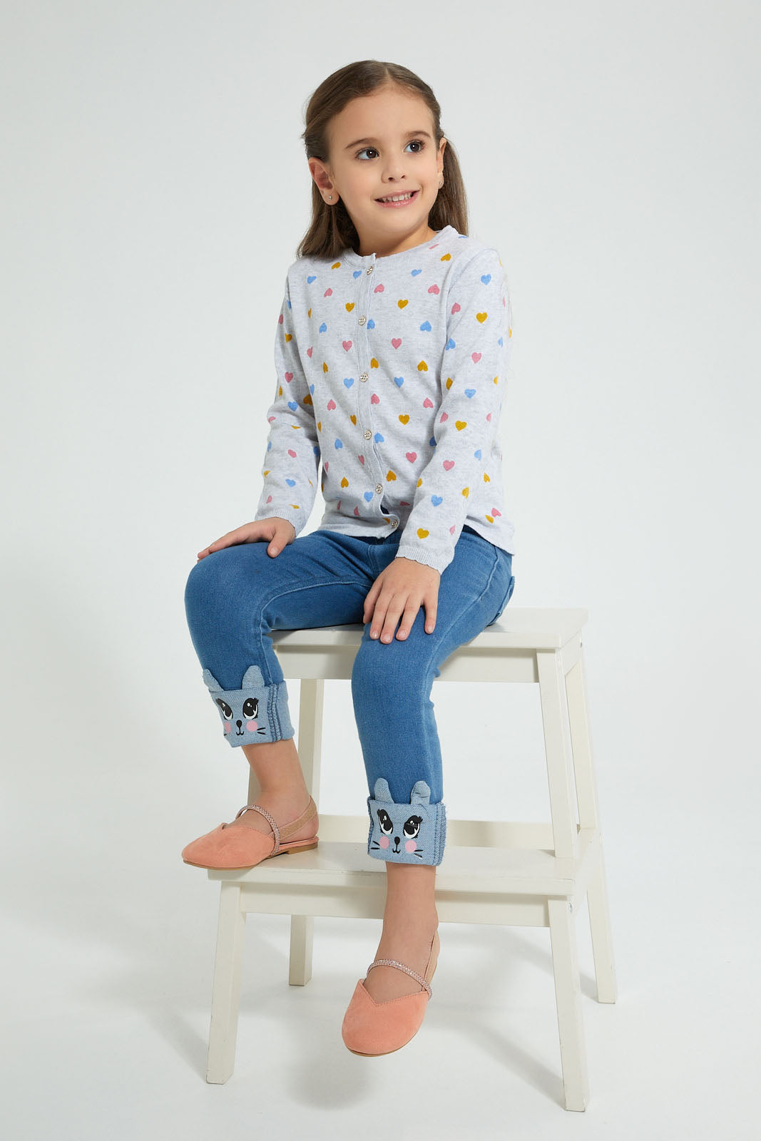 Redtag-Grey-Multi-Color-Heart-Cardigan-Cardigans-Girls-2 to 8 Years