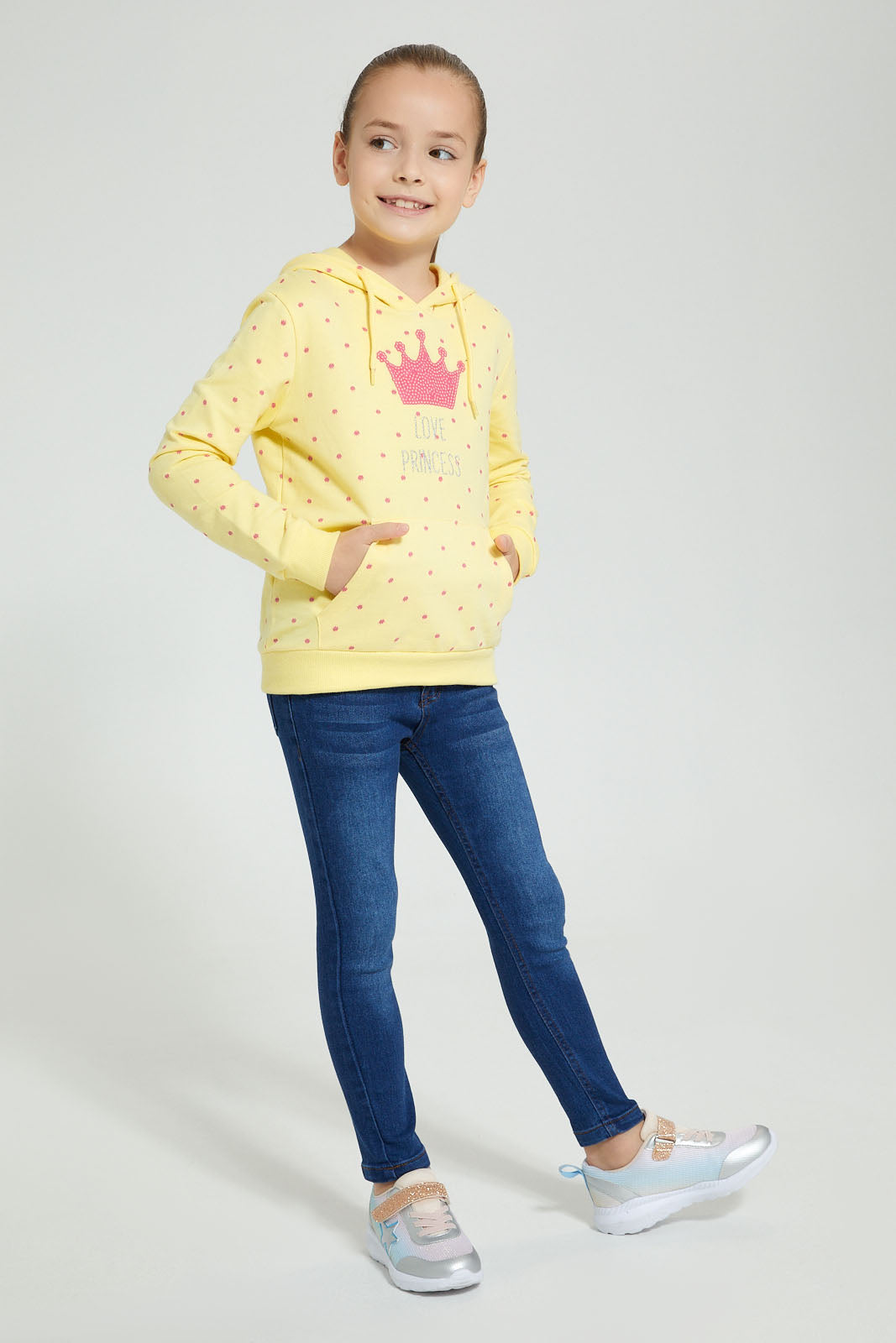 Redtag-Yellow-Crown-Printed-&-Sequined-Hooded-Sweatshirt-Sweatshirts-Girls-2 to 8 Years