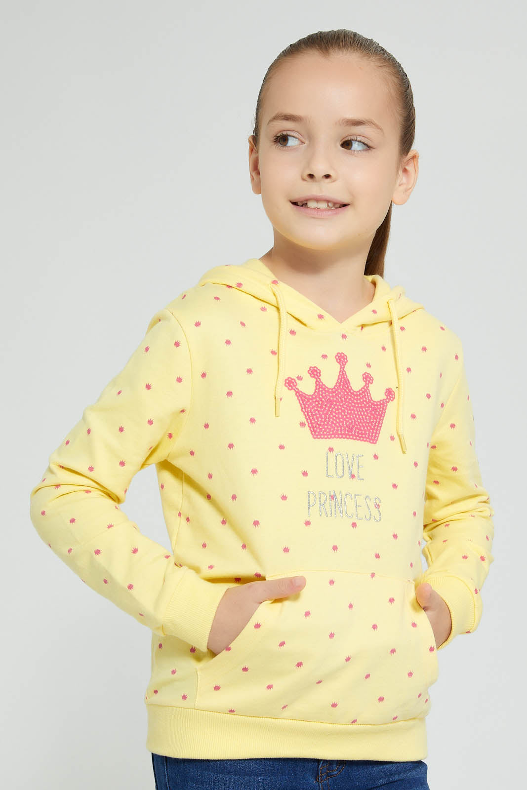 Redtag-Yellow-Crown-Printed-&-Sequined-Hooded-Sweatshirt-Sweatshirts-Girls-2 to 8 Years