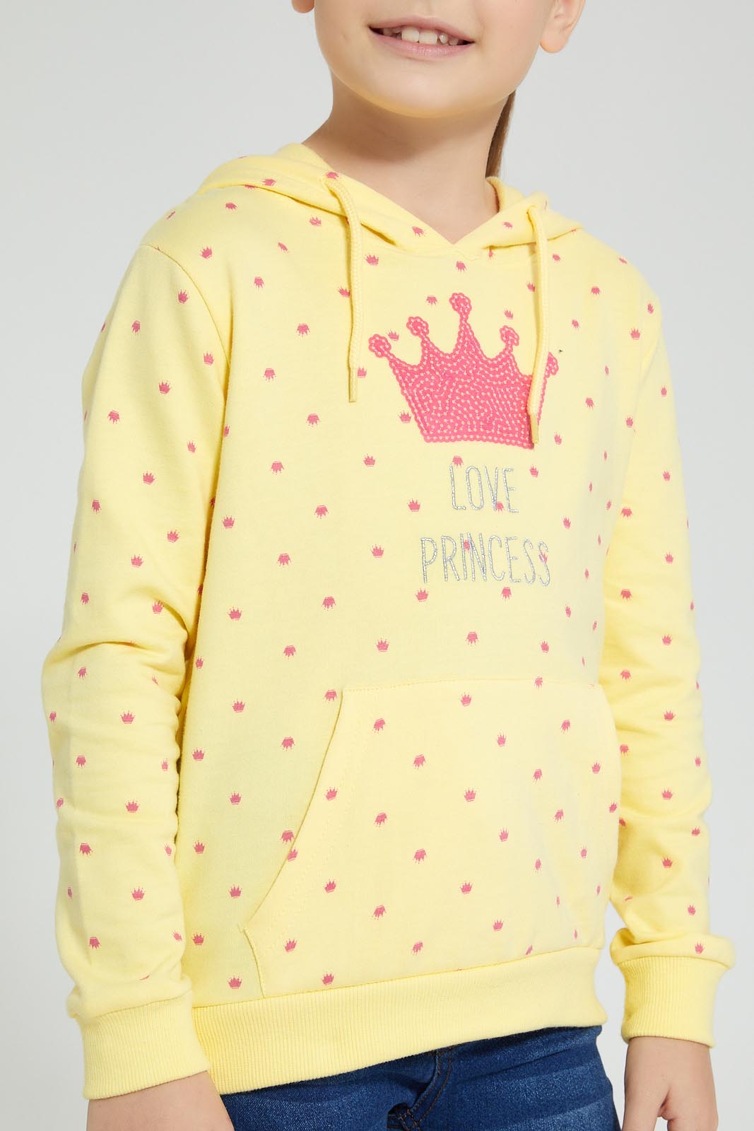 Redtag-Yellow-Crown-Printed-&-Sequined-Hooded-Sweatshirt-Sweatshirts-Girls-2 to 8 Years