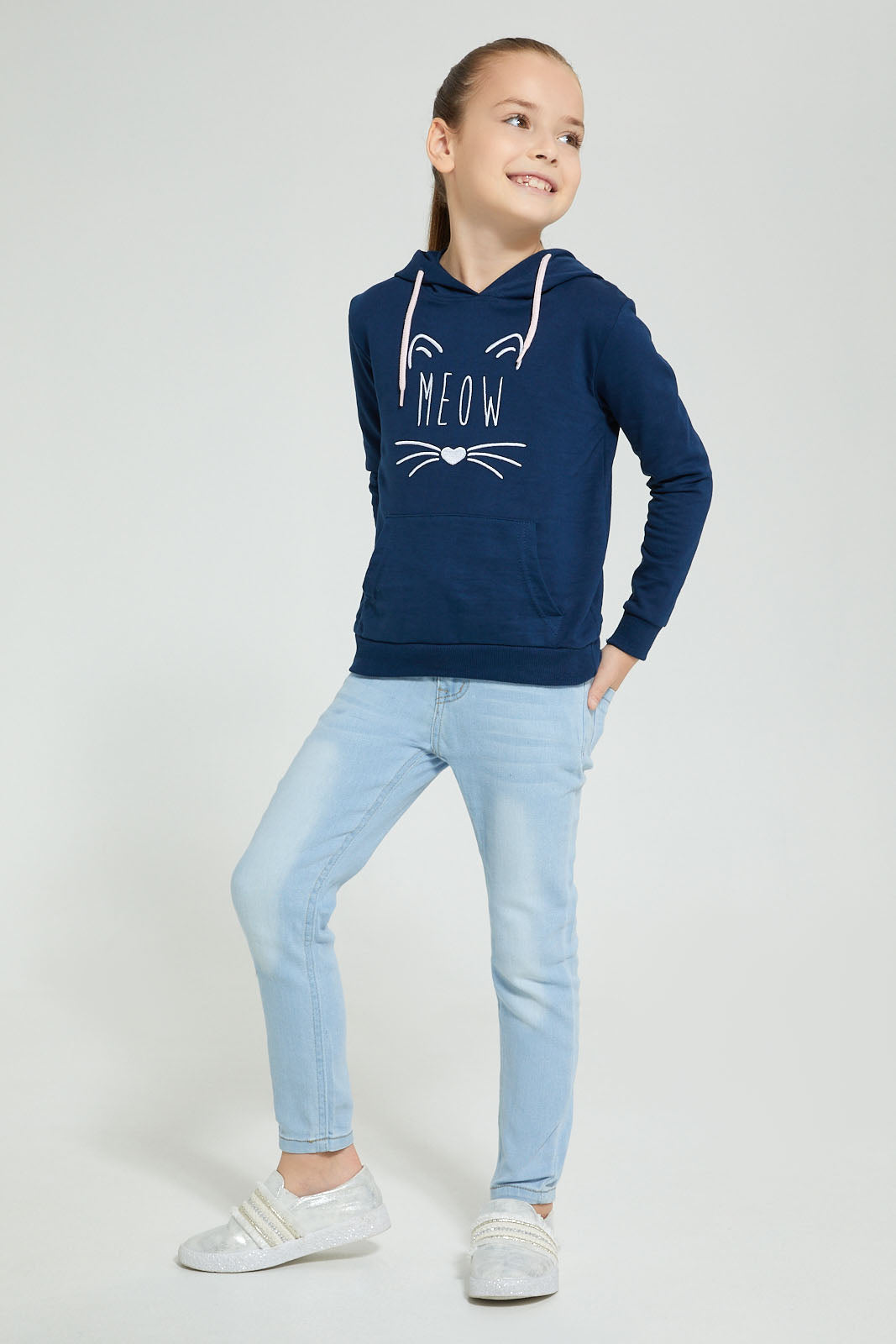 Redtag-Navy-Cat-Embroidered-Hooded-Sweatshirt-Sweatshirts-Girls-2 to 8 Years