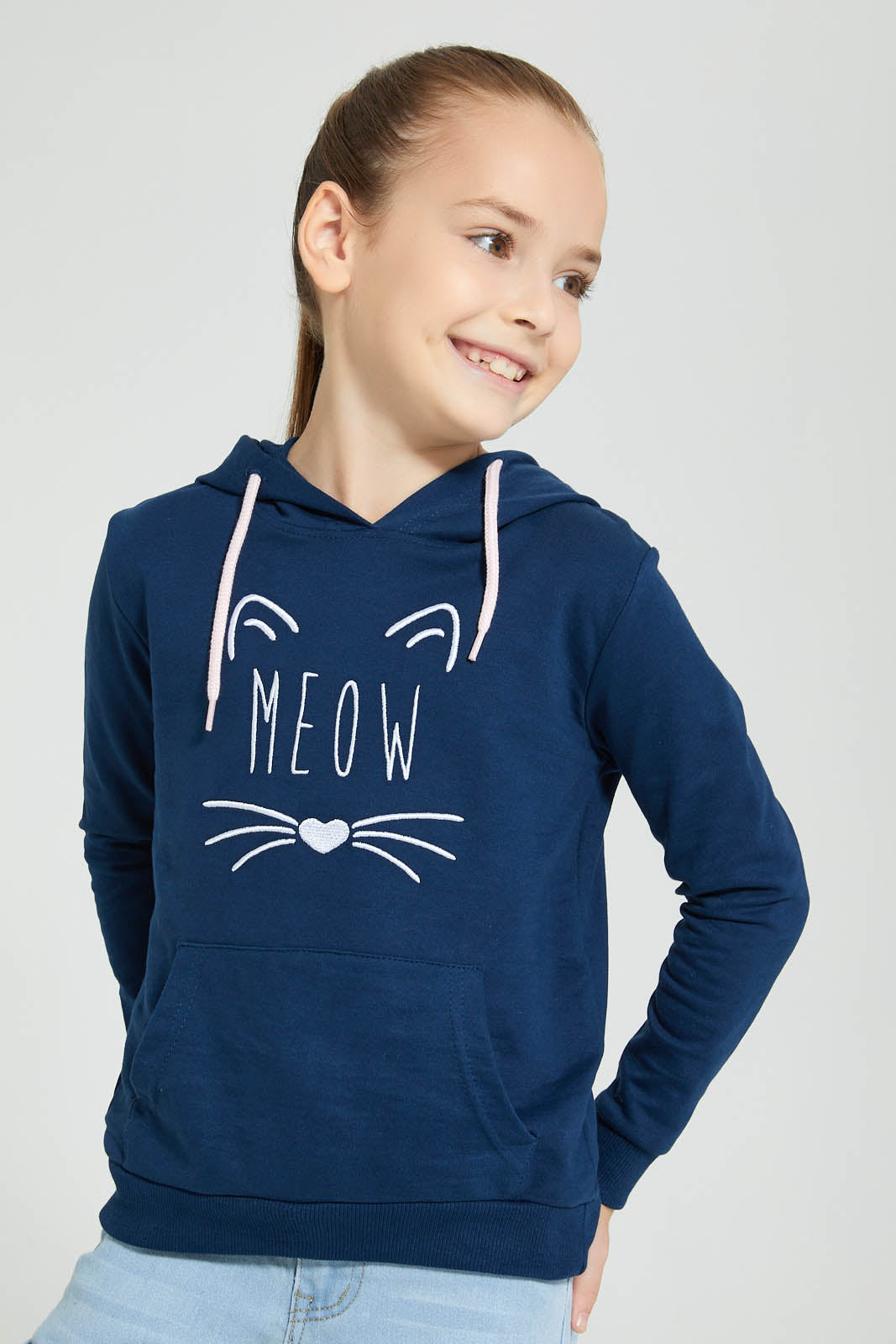Redtag-Navy-Cat-Embroidered-Hooded-Sweatshirt-Sweatshirts-Girls-2 to 8 Years