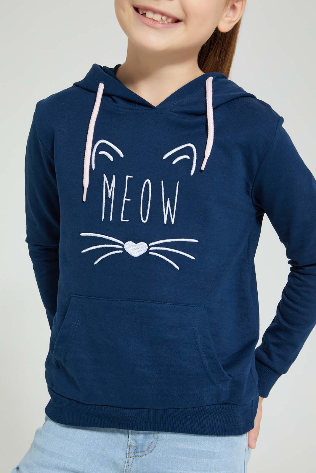 Redtag-Navy-Cat-Embroidered-Hooded-Sweatshirt-Sweatshirts-Girls-2 to 8 Years