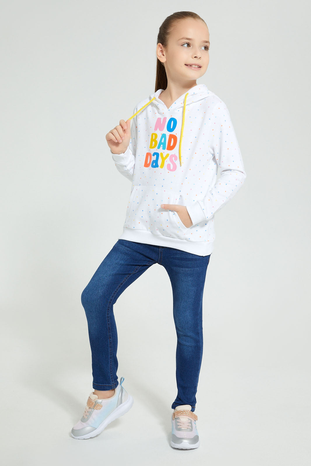 Redtag-White-Printed-Spots-Slogan-Print-Hooded-Sweatshirt-Sweatshirts-Girls-2 to 8 Years