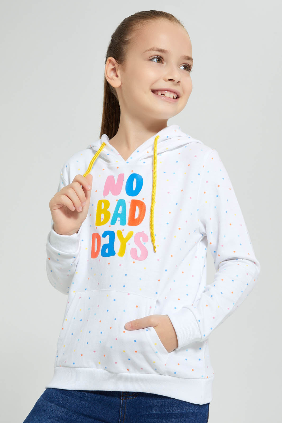 Redtag-White-Printed-Spots-Slogan-Print-Hooded-Sweatshirt-Sweatshirts-Girls-2 to 8 Years