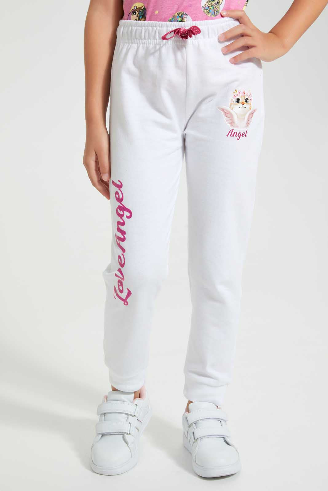 Redtag-Cream-Slogan-Print-Track-Joggers-Girls-2 to 8 Years