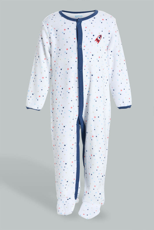 Redtag-White-And-Blue-Spaceship-Printed-Veloure-Sleepsuit-Sleepsuits-Baby-0 to 12 Months