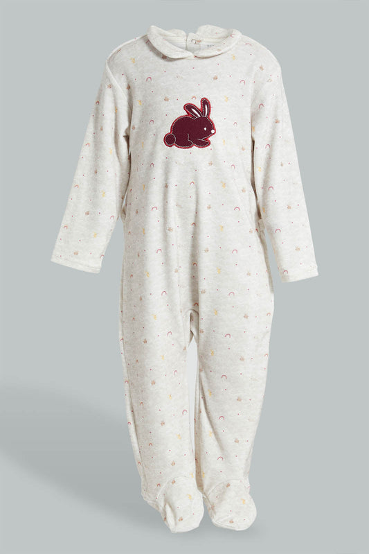 Redtag-Oatmeal-Printed-Bunny-Veloure-Sleepsuit-Rompers-Baby-0 to 12 Months