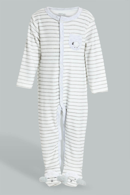 Redtag-Grey/White-Stripes-Sheep-Feet-Sleepsuit-Rompers-Baby-0 to 12 Months