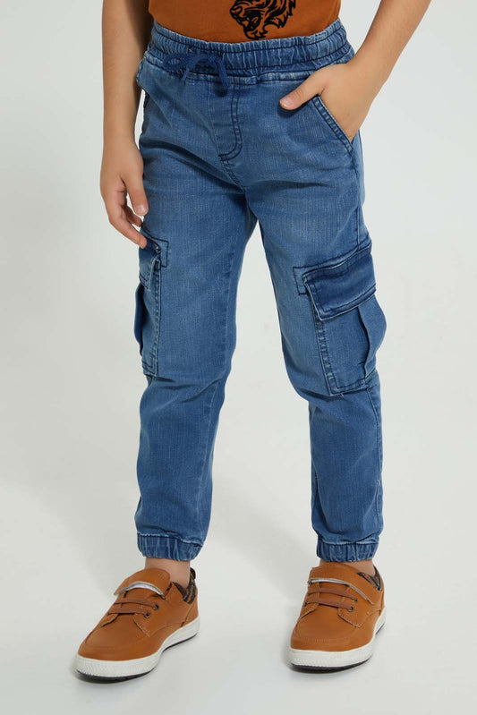 Redtag-Mid-Wash-Cargo-Stretch-Denim-Jogger-Jeans-Pull-On-Boys-2 to 8 Years